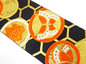 アンティーク　丸に蝶・桐・菊模様織り出し袋帯（着用可）